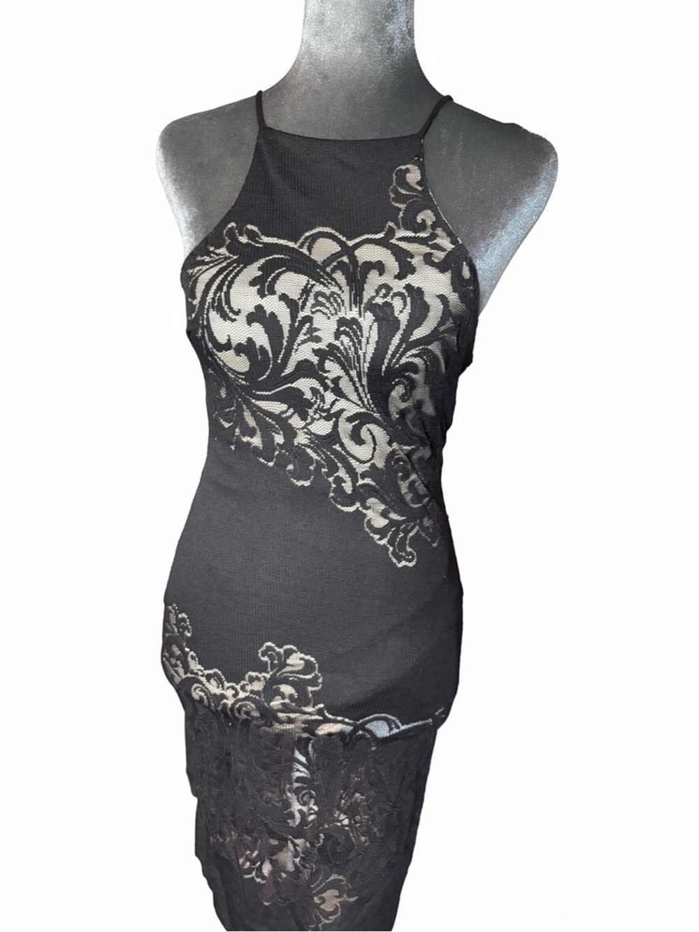 Sarah LA USA Black Lace Trim Baroque Damask Bodycon Midi Dress Medium